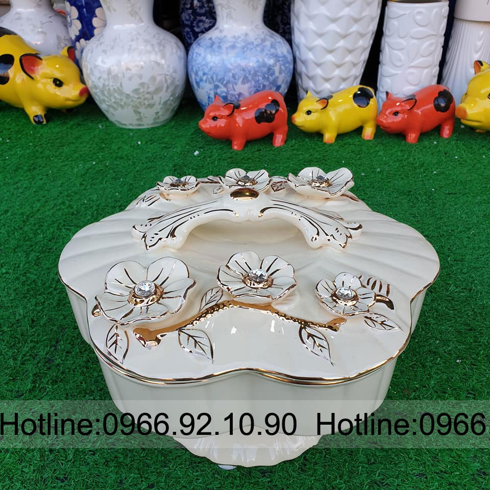 Khay mứt sứ cao cấp hoa nổi gắn đá xoay 360 sang trọng quà tặng