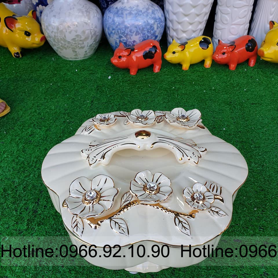 Khay mứt sứ cao cấp hoa nổi gắn đá xoay 360 sang trọng quà tặng