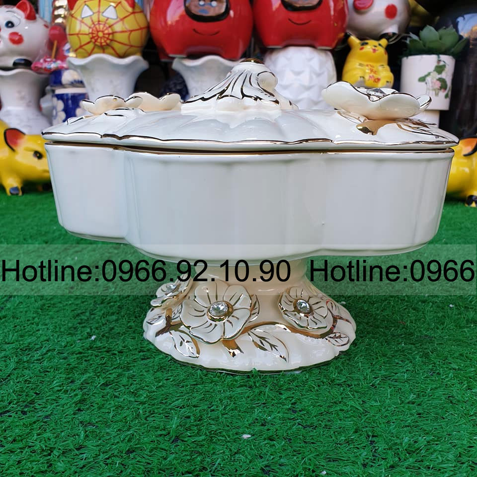 Khay mứt sứ cao cấp hoa nổi gắn đá xoay 360 sang trọng quà tặng 