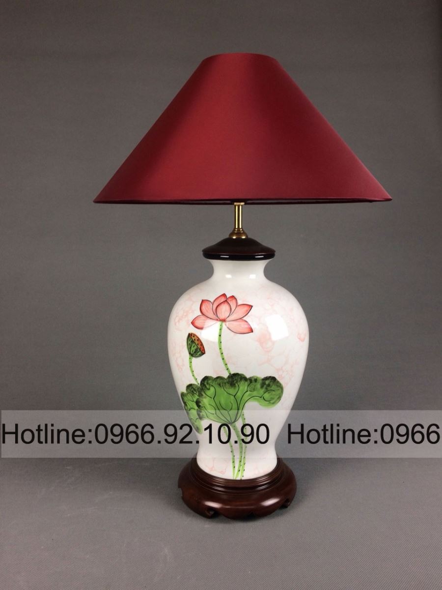 Đèn ngủ gốm sứ Bát Tràng sen đỏ cao cấp decor phòng ngủ sang trọng 