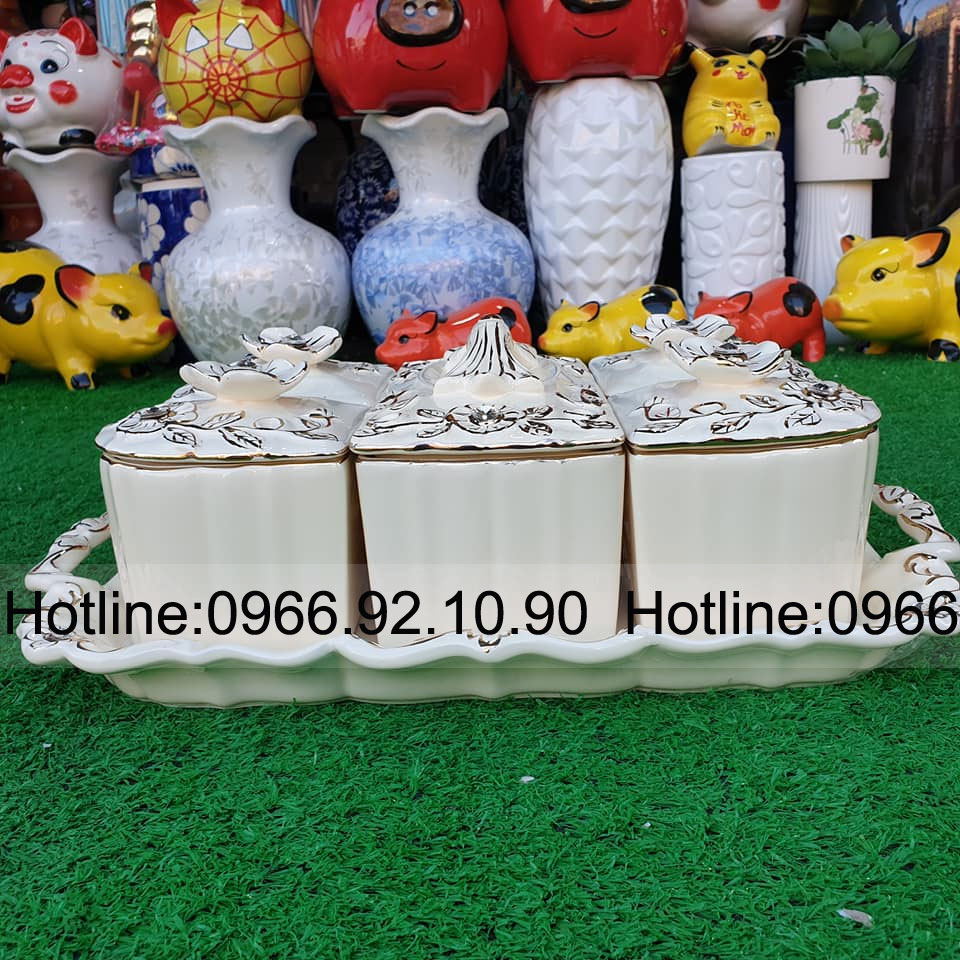 Khay mứt hoa nổi chữ nhật đá quý sang trọng tặng quà ý nghĩa