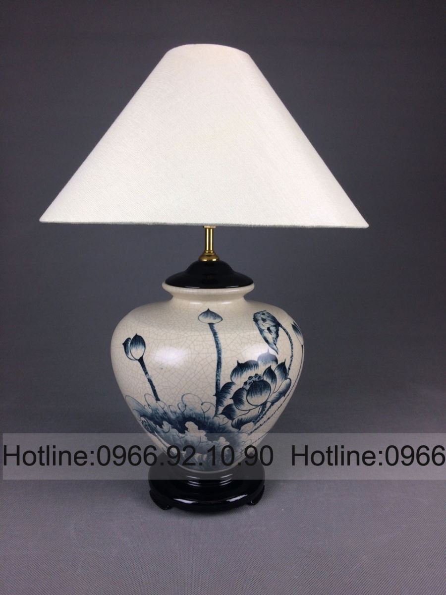Đèn ngủ gốm sứ Bát Tràng cao cấp họa tiết sen men rạn sang trọng 