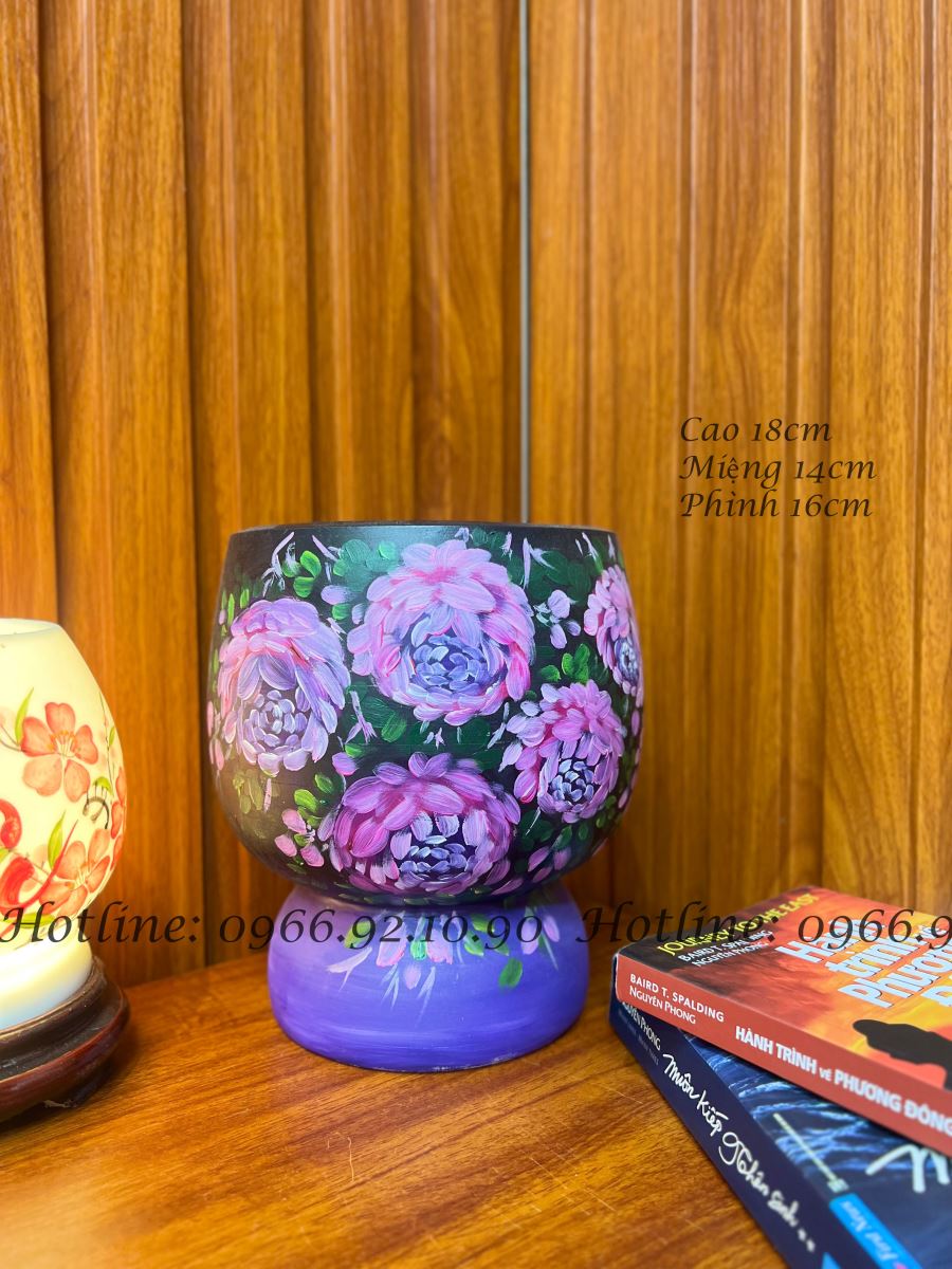 Lọ hoa 3D cao cấp hoa tím rủ tinh xảo trang trí sang trọng H27cm