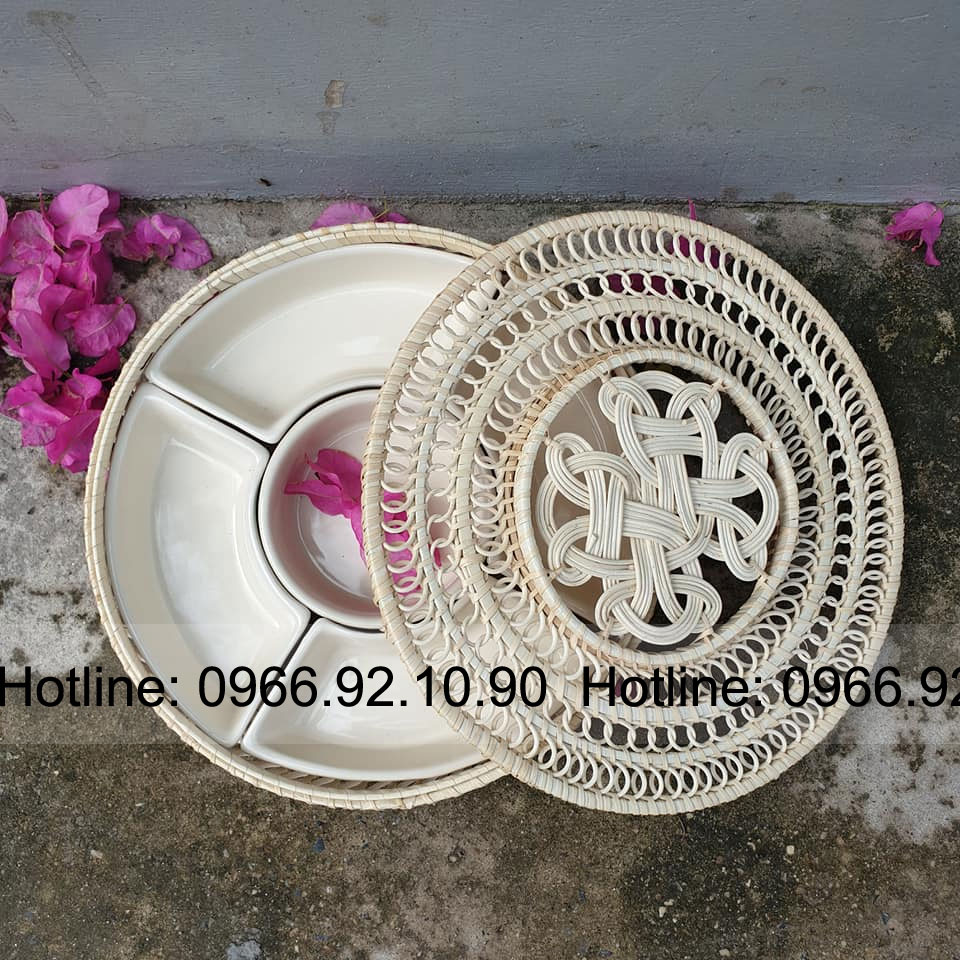 Khay mứt gốm sứ Bát Tràng cao cấp 5 ngăn có nắp mây tre tiện ích