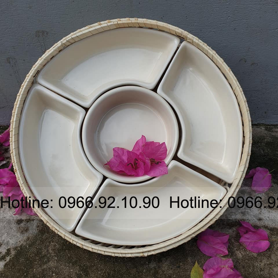 Khay mứt gốm sứ Bát Tràng cao cấp 5 ngăn có nắp mây tre tiện ích