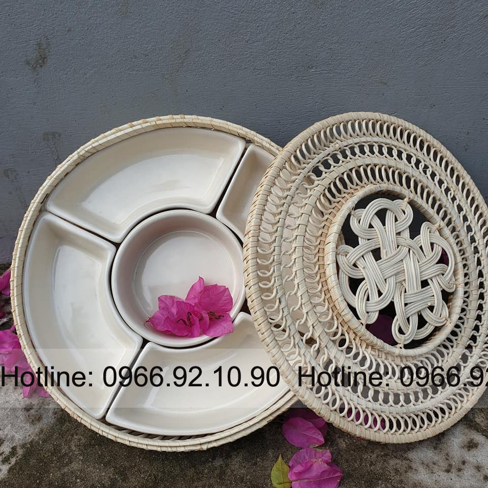 Khay mứt gốm sứ Bát Tràng cao cấp 5 ngăn có nắp mây tre tiện ích