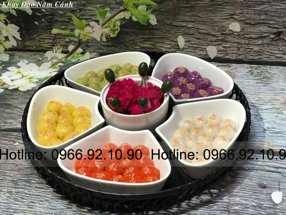 Khay mứt hoa đào 5 cánh sứ Bát Tràng sang trọng tặng kèm khay mây 