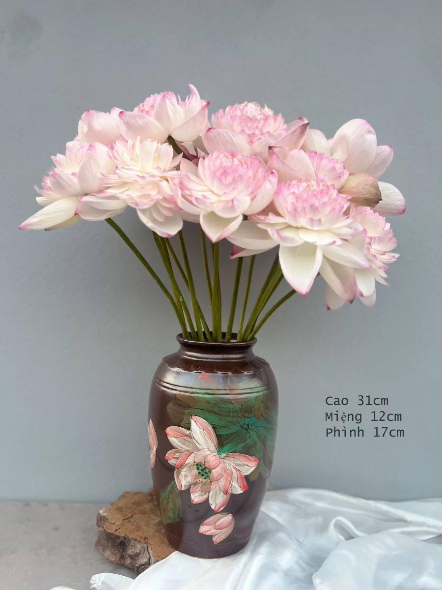 Vò gốm sứ Bát Tràng hoa sen cao 31cm sang trọng độc đáo mua ngay 