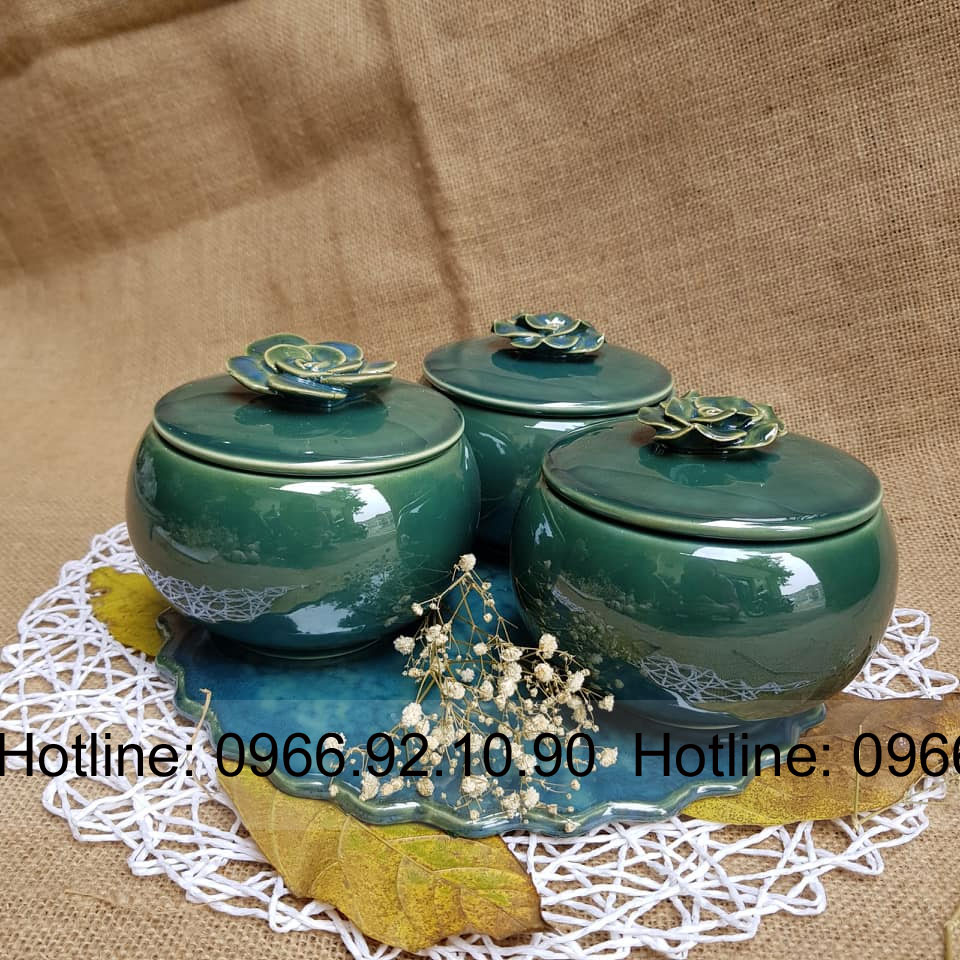 Bộ 3 hũ mứt tết men xanh ngọc gốm sứ cao cấp quà tặng sang trọng