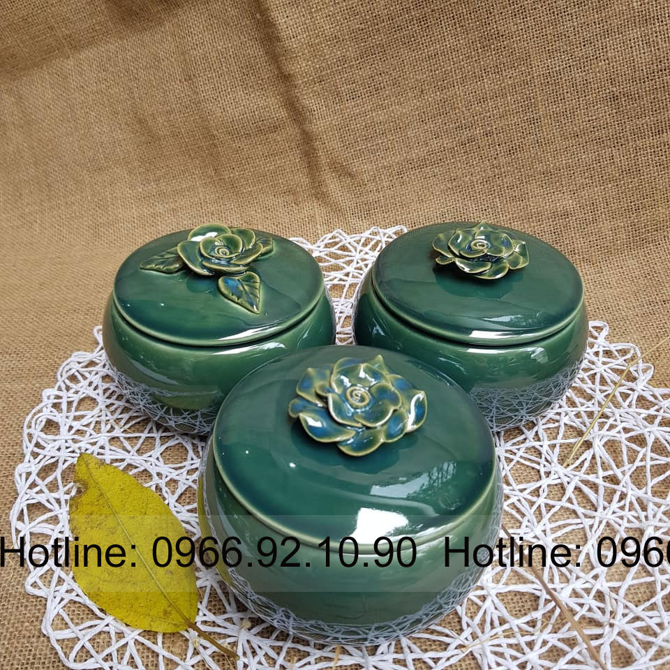 Bộ 3 hũ mứt tết men xanh ngọc gốm sứ cao cấp quà tặng sang trọng