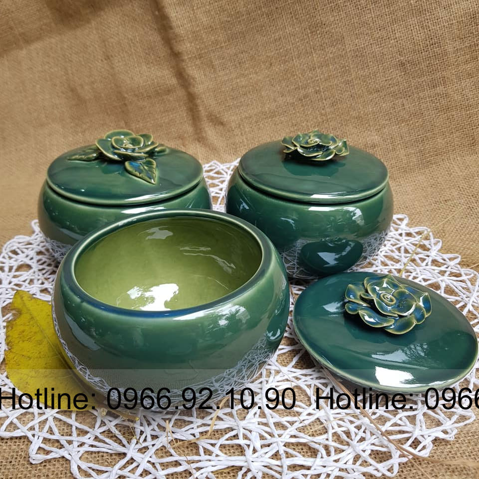 Bộ 3 hũ mứt tết men xanh ngọc gốm sứ cao cấp quà tặng sang trọng