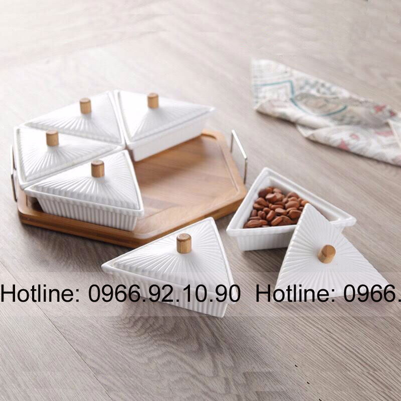 Khay mứt sứ tam giác trắng sang trọng Bộ 6 hũ đẹp tiện lợi 