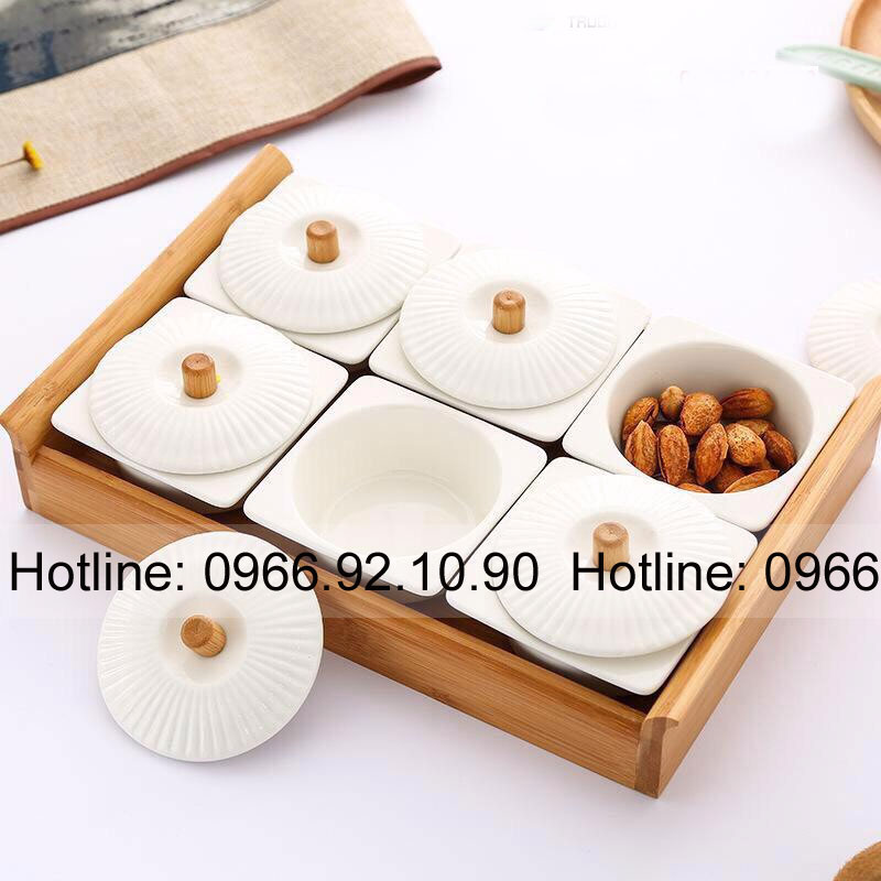 Khay mứt sứ trắng 6 hũ cao cấp đế gỗ sang trọng tiện ích