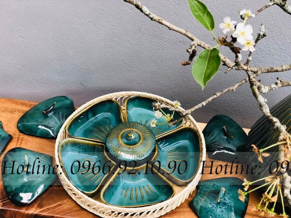 Khay mứt hoa đào Bát Tràng men hỏa biến cao cấp sang trọng Tết