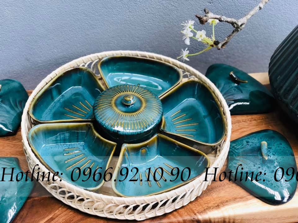 Khay mứt hoa đào Bát Tràng men hỏa biến cao cấp sang trọng Tết