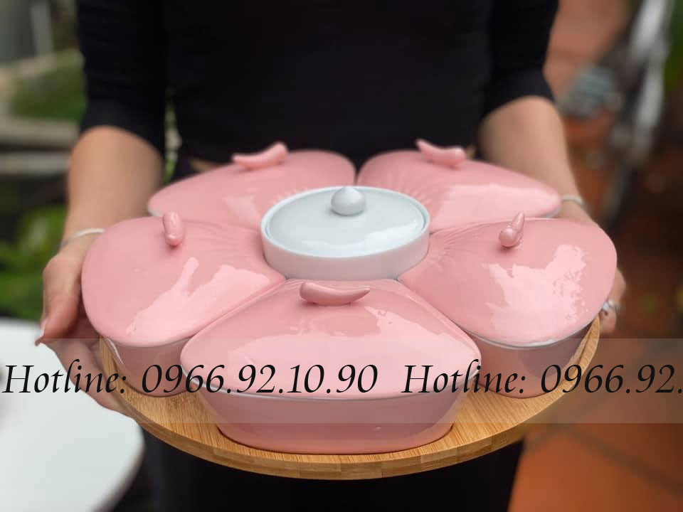 Bộ khay mứt hoa đào hồng gốm sứ Bát Tràng Ngăn 5 cao cấp Tết 