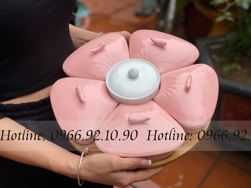 Bộ khay mứt hoa đào hồng gốm sứ Bát Tràng Ngăn 5 cao cấp Tết