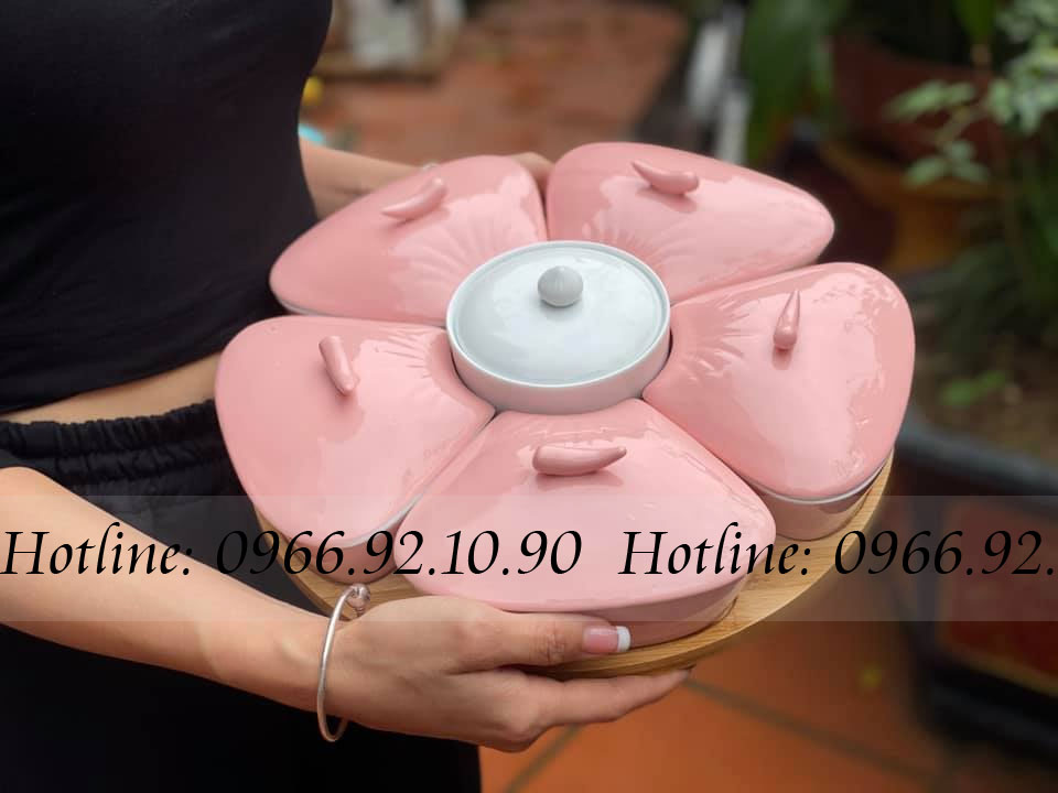 Bộ khay mứt hoa đào hồng gốm sứ Bát Tràng Ngăn 5 cao cấp Tết