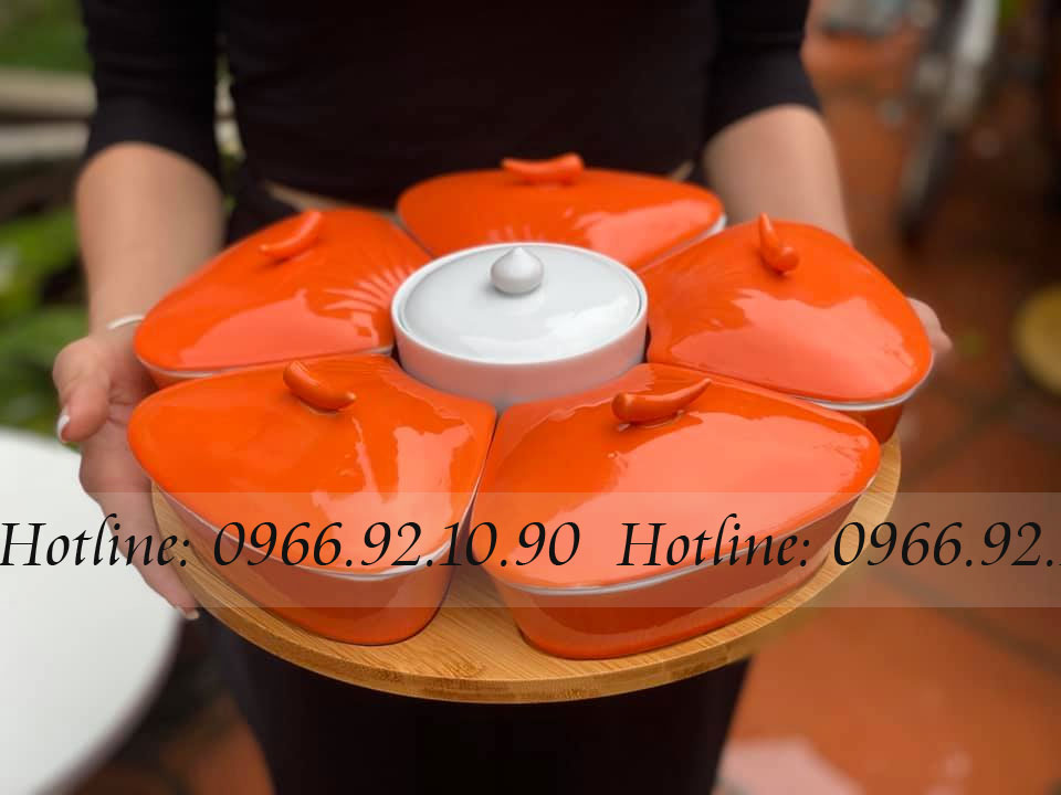 Khay mứt hoa đào cam Bát Tràng cao cấp Tết an khang may mắn