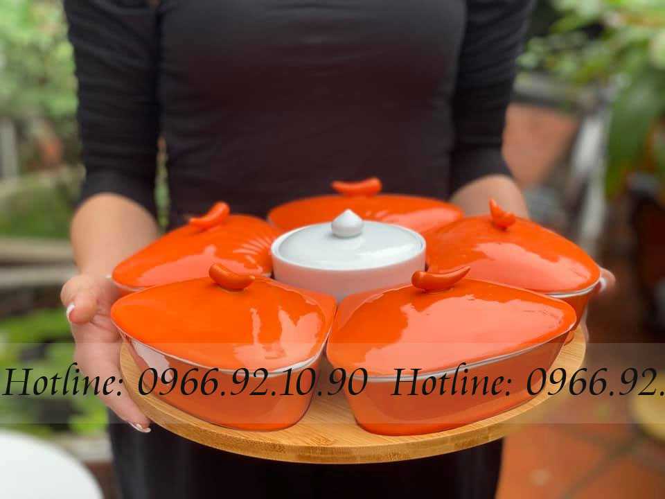 Khay mứt hoa đào cam Bát Tràng cao cấp Tết an khang may mắn 