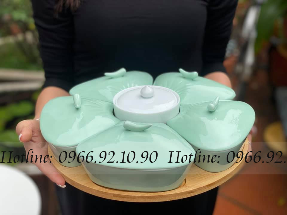 Khay mứt hoa đào xanh ngọc Bát Tràng cao cấp sang trọng tết