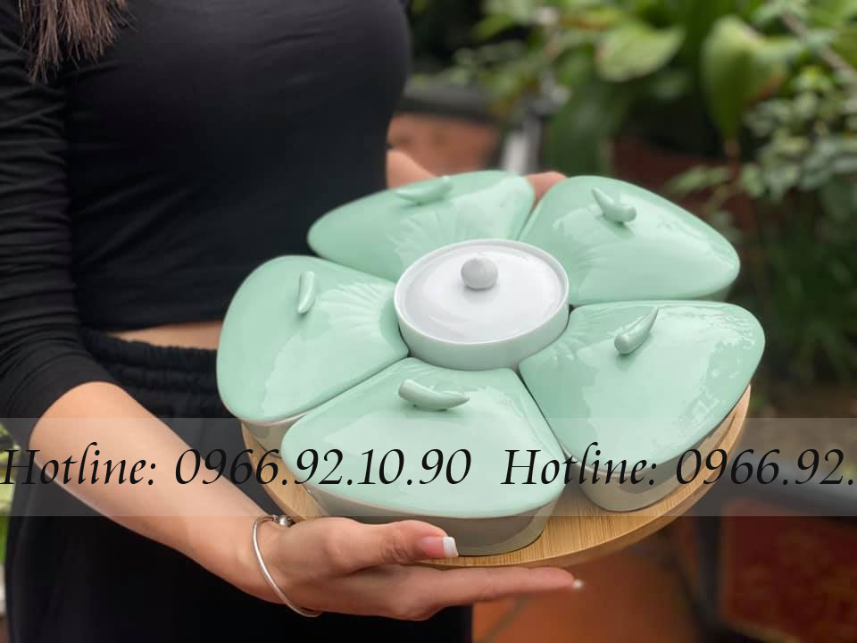 Khay mứt hoa đào xanh ngọc Bát Tràng cao cấp sang trọng tết