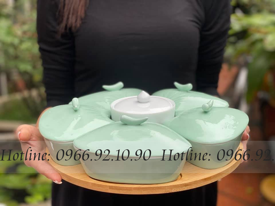 Khay mứt hoa đào xanh ngọc Bát Tràng cao cấp sang trọng tết