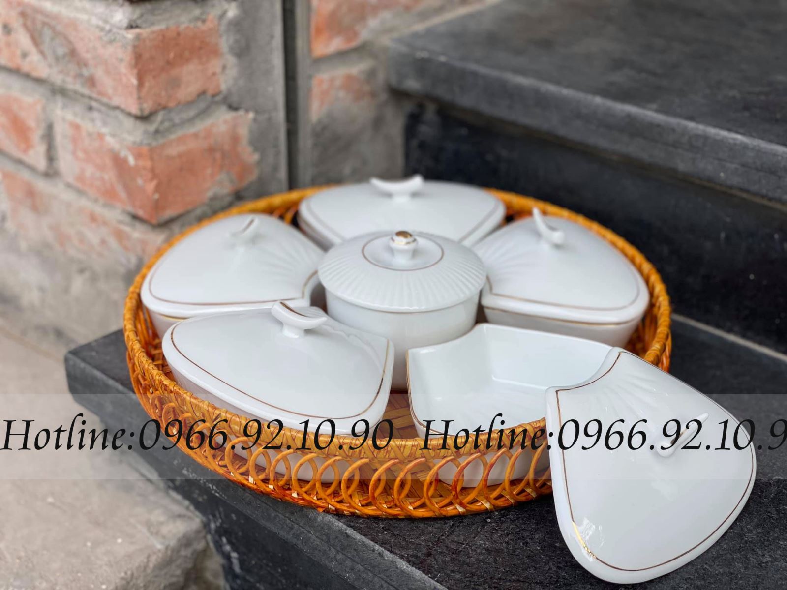 Khay mứt men trắng viền vàng kim kèm khay mây sứ cao cấp D30cm 