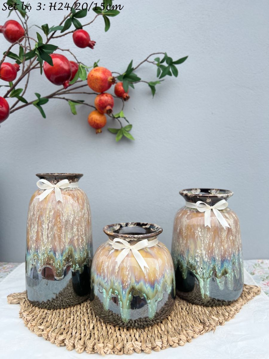 Bộ ba lọ men hỏa biến nâu Bát Tràng an toàn giá tốt 