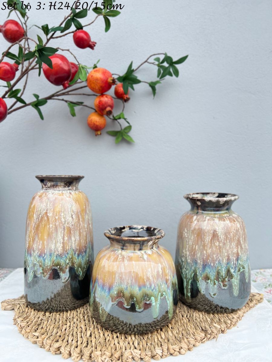Bộ ba lọ men hỏa biến nâu Bát Tràng an toàn giá tốt Bộ ba lọ men hỏa biến nâu Bát Tràng an toàn giá tốt