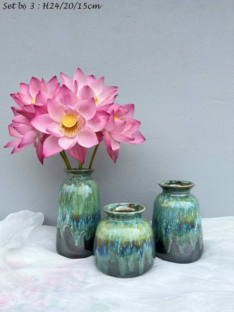 Bộ ba lọ hỏa biến xanh độc đáo Bát Tràng, an toàn, giá tốt 