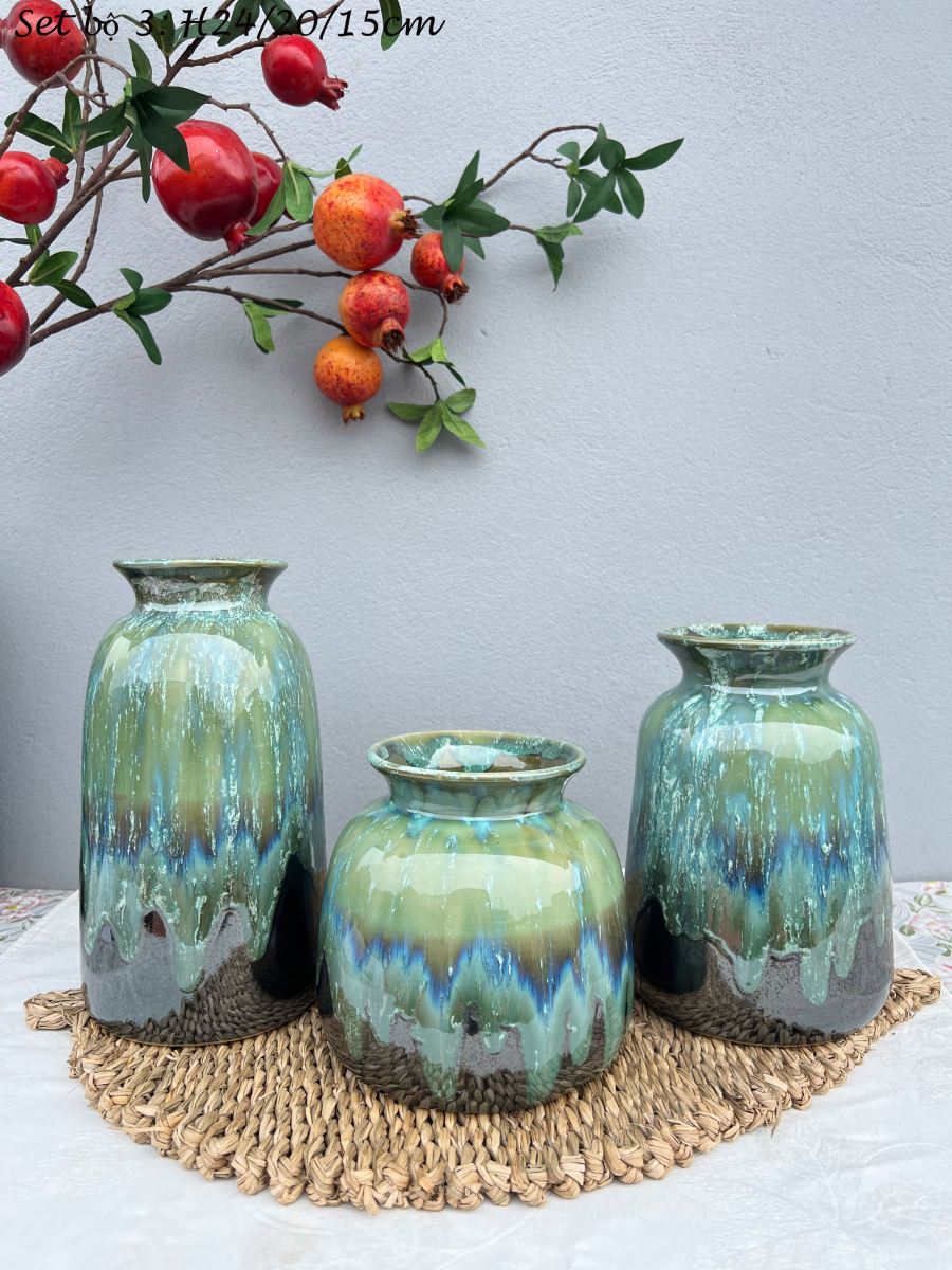 Bộ ba lọ hỏa biến xanh độc đáo Bát Tràng, an toàn, giá tốt Bộ ba lọ hỏa biến xanh độc đáo Bát Tràng, an toàn, giá tốt
