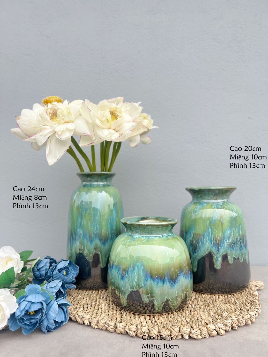 Bộ ba lọ hỏa biến xanh độc đáo Bát Tràng, an toàn, giá tốt Bộ ba lọ hỏa biến xanh độc đáo Bát Tràng, an toàn, giá tốt
