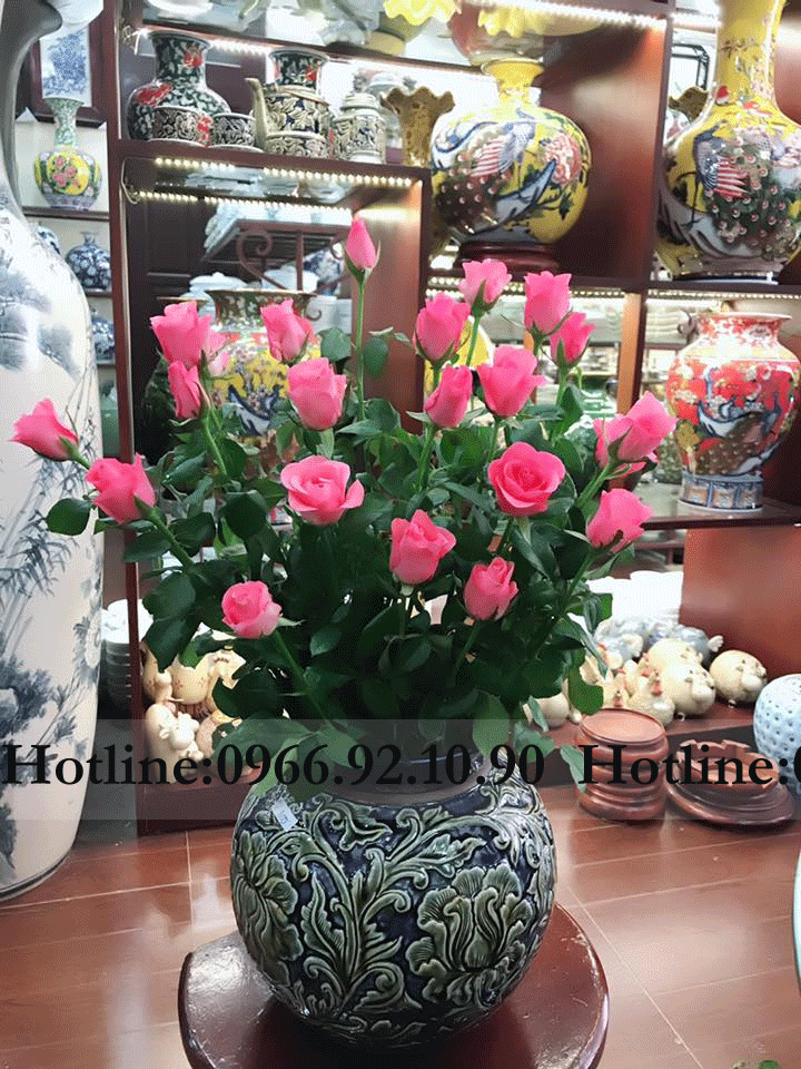 Vò khắc nổi hoa dây men hoàng thổ 25x23cm độc đáo giá tốt