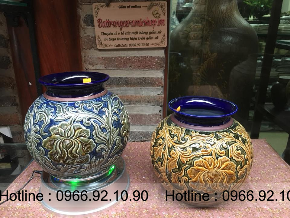 Vò khắc nổi hoa dây men hoàng thổ 25x23cm độc đáo giá tốt 