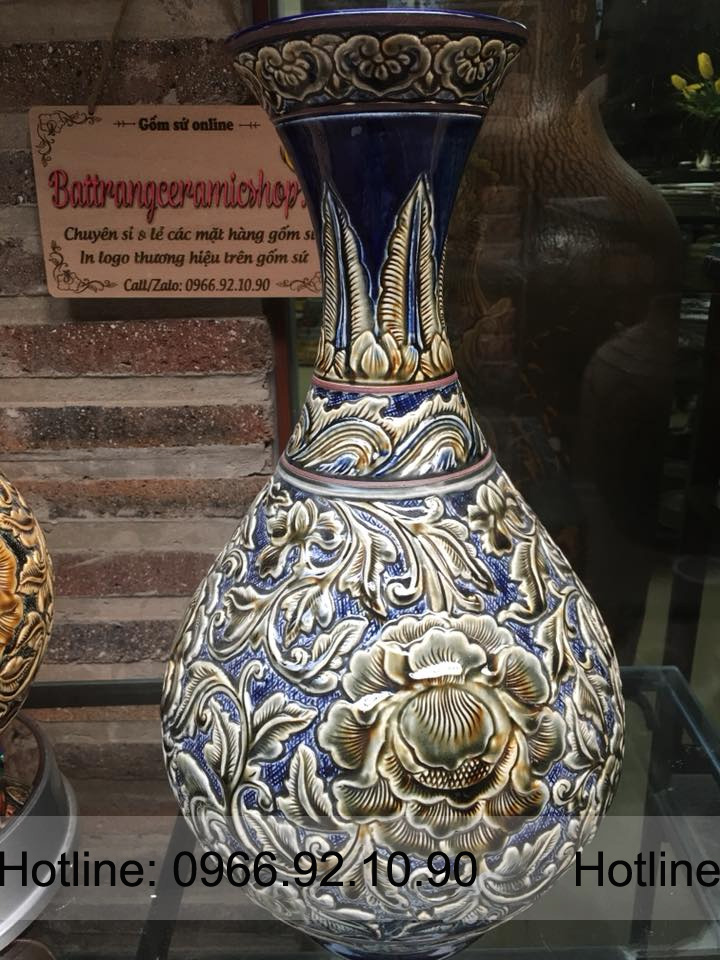 Lọ tỳ bà hoa phù dung khắc nổi Bát Tràng, quà tặng may mắn 