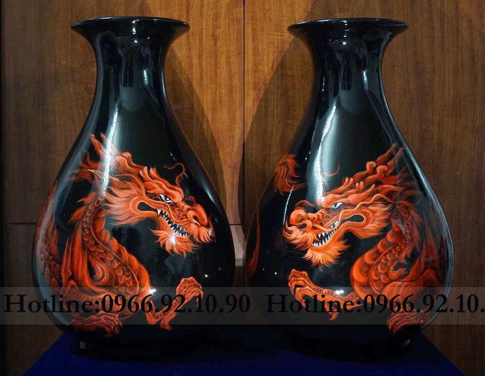 Lọ tỳ bà Rồng đỏ Chó sơn mài Đào phai Quà tặng sang trọng