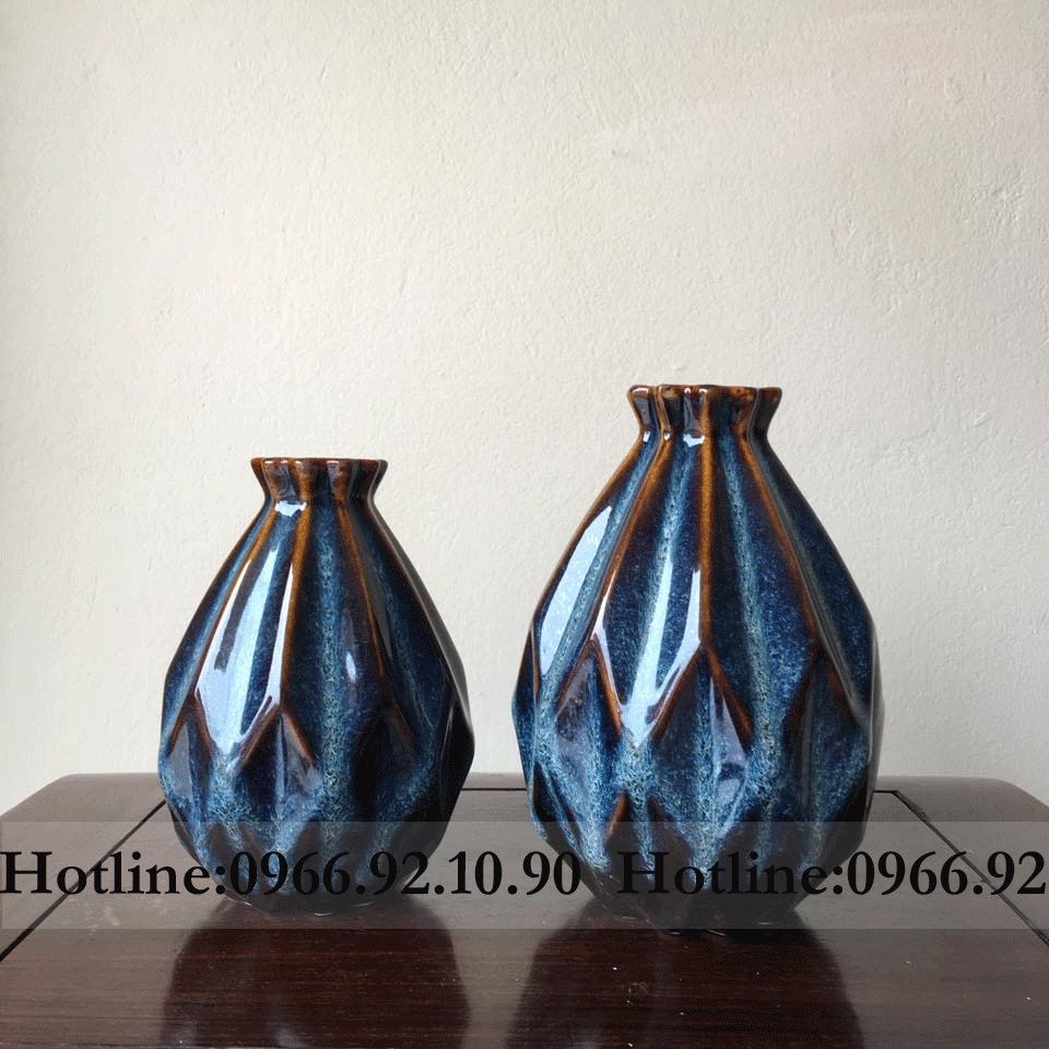 Bộ lọ kim cương men hỏa biến xanh sang trọng cao cấp H20cm H17cm