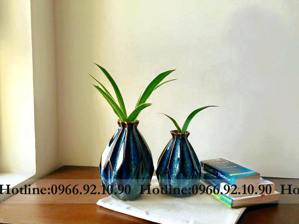 Bộ lọ kim cương men hỏa biến xanh sang trọng cao cấp H20cm H17cm