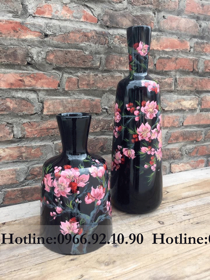 Bộ đầm loe sơn mài Bát Tràng hoa đào tinh xảo 50cm 25cm quà tặng