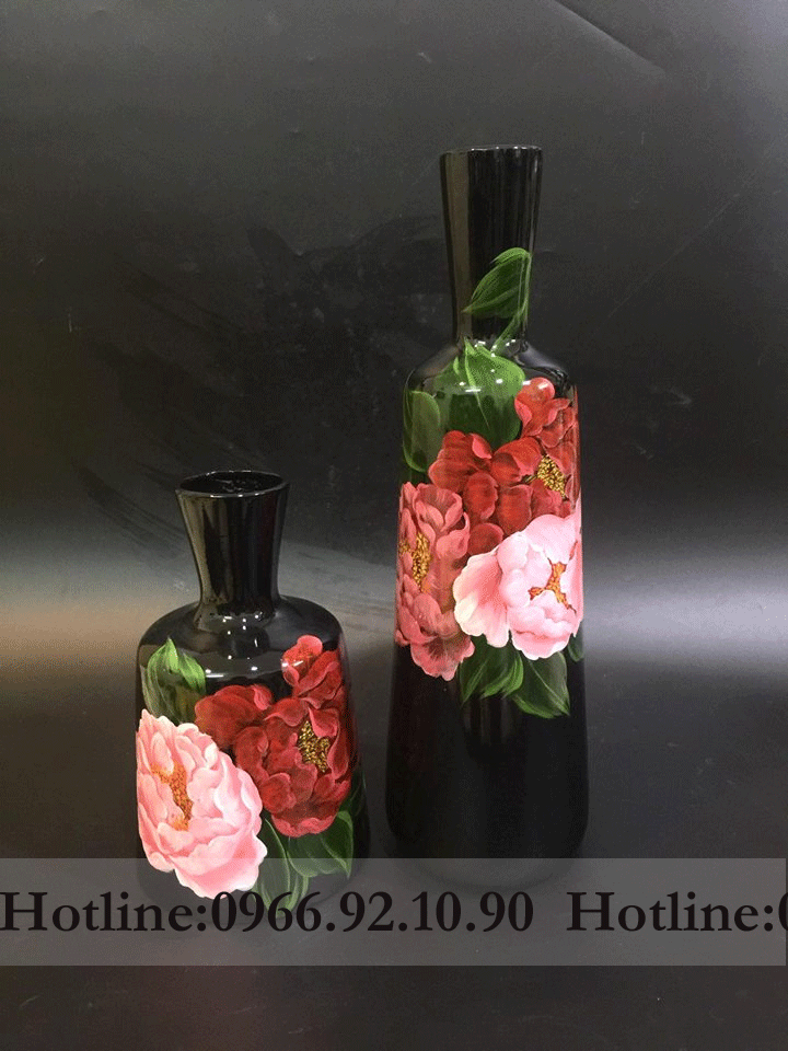 Bộ đầm loe sơn mài Bát Tràng hoa đào tinh xảo 50cm 25cm quà tặng