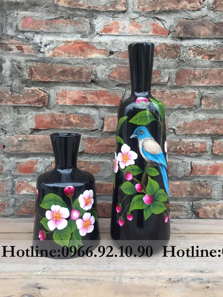 Bộ đầm loe sơn mài Bát Tràng hoa đào tinh xảo 50cm 25cm quà tặng