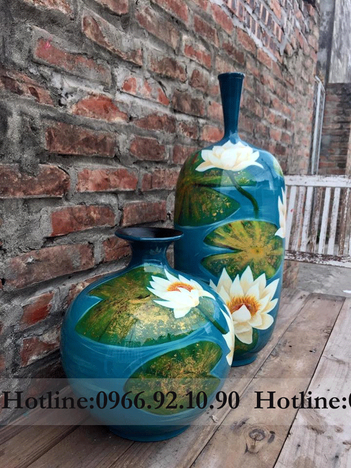 Bộ sơn mài hoa súng xanh sen hạc thủ công độc đáo chuẩn Bát Tràng 