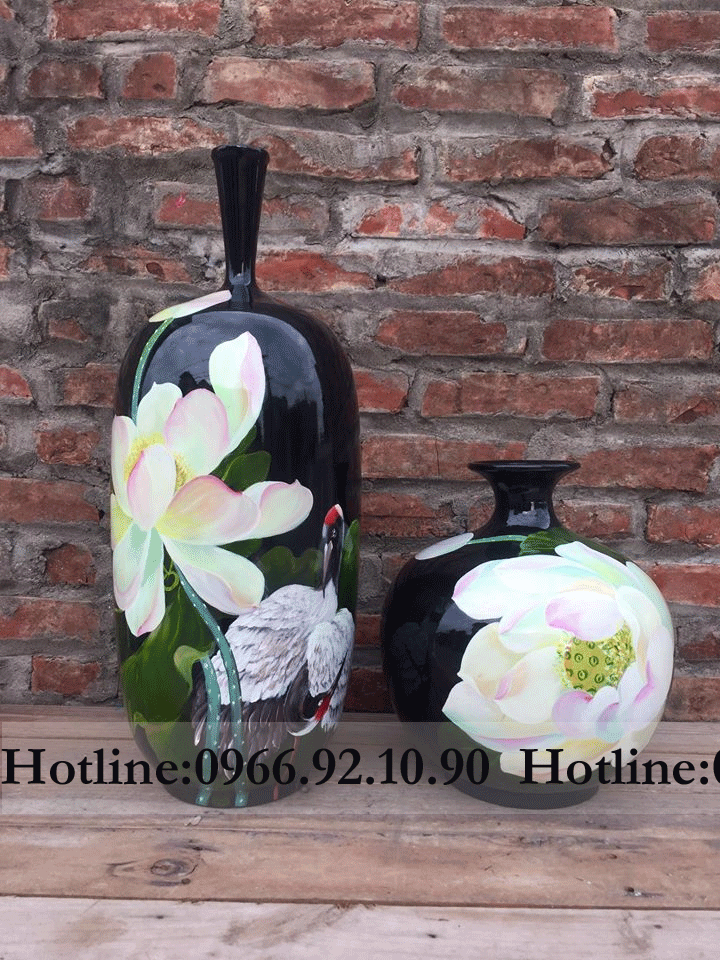 Bộ sơn mài hoa súng xanh sen hạc thủ công độc đáo chuẩn Bát Tràng