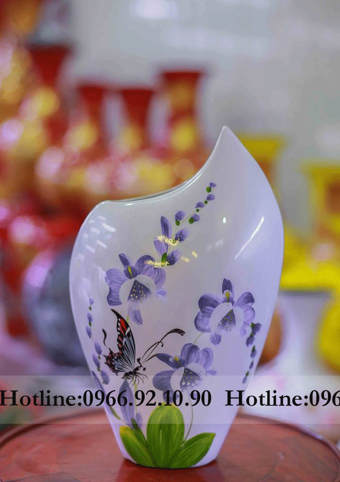 Lọ sơn mài dáng mỏ quạ 44cm hoa lan tím Bát Tràng đẹp