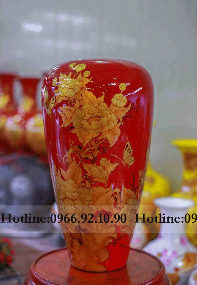 Lọ ống dù sơn mài đỏ cao 47cm đẹp tinh xảo trang trí quà tặng 