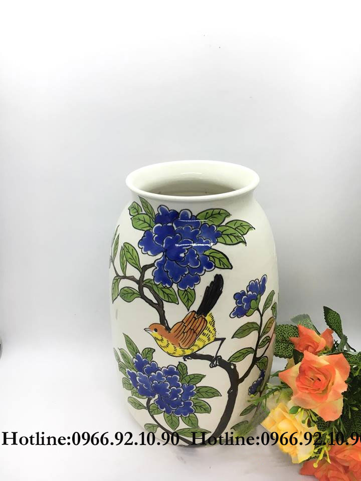 Lọ hoa Bát Tràng vuốt tay họa tiết chim hoa sang trọng H22cm D15cm