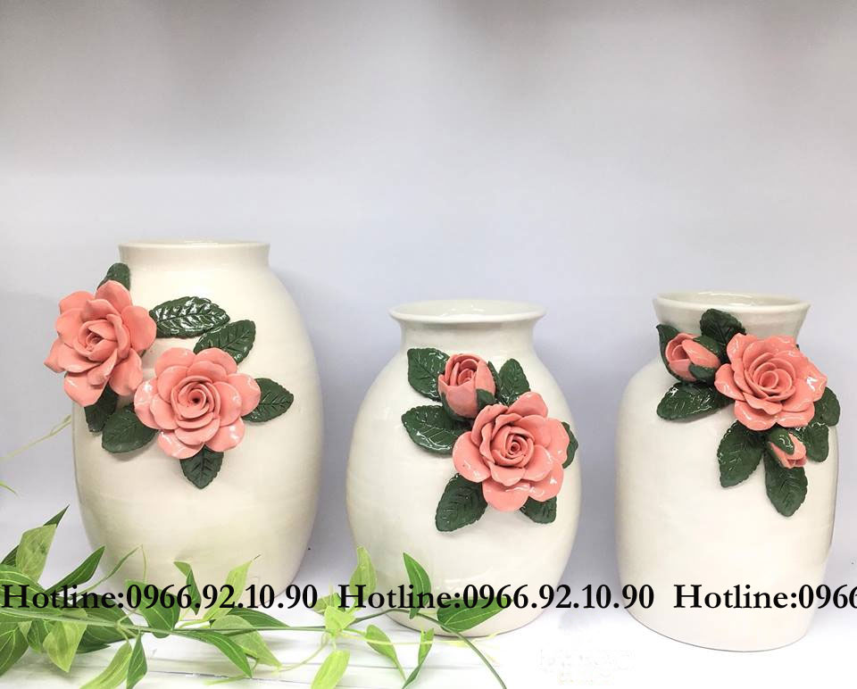 Bộ lọ vuốt tay đắp hoa hồng thủ công Bát Tràng chất lượng giá tốt 