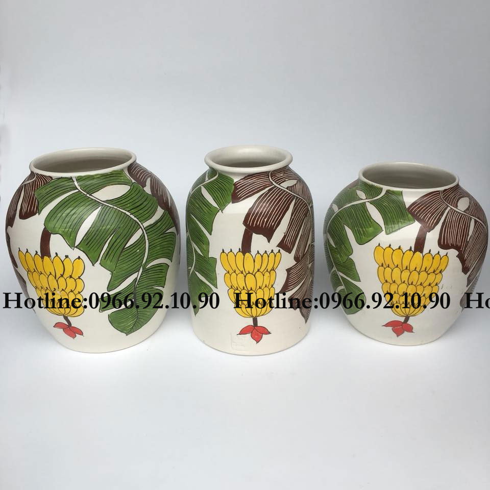 Bình giả vuốt gốm sứ Bát Tràng họa tiết chuối bộ ba trang trí đẹp 