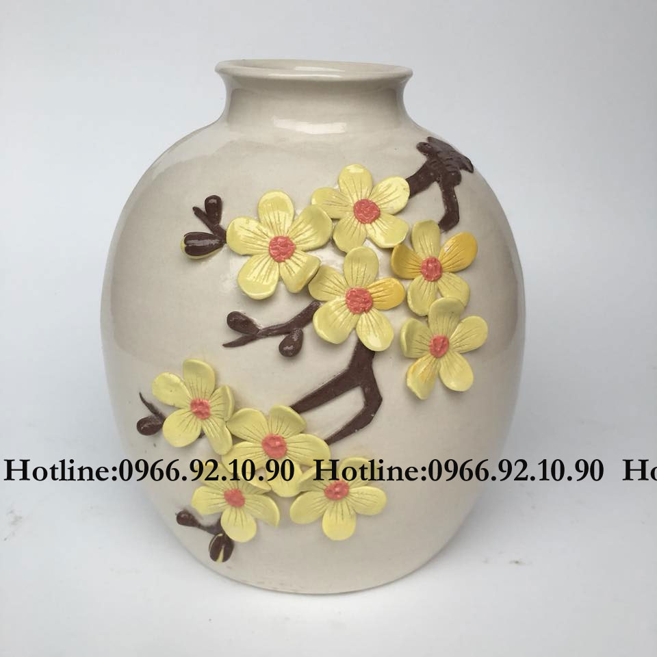 Bộ lọ gốm sứ đắp nổi hoa mai tinh xảo 3 kích thước quà tặng sang trọng